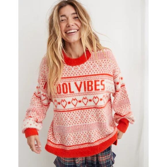 Aerie Flurry Oversized Red Fleece Crew Sweater XXL Graphic Heart Cool Vibes Cozy - Picture 1 of 12